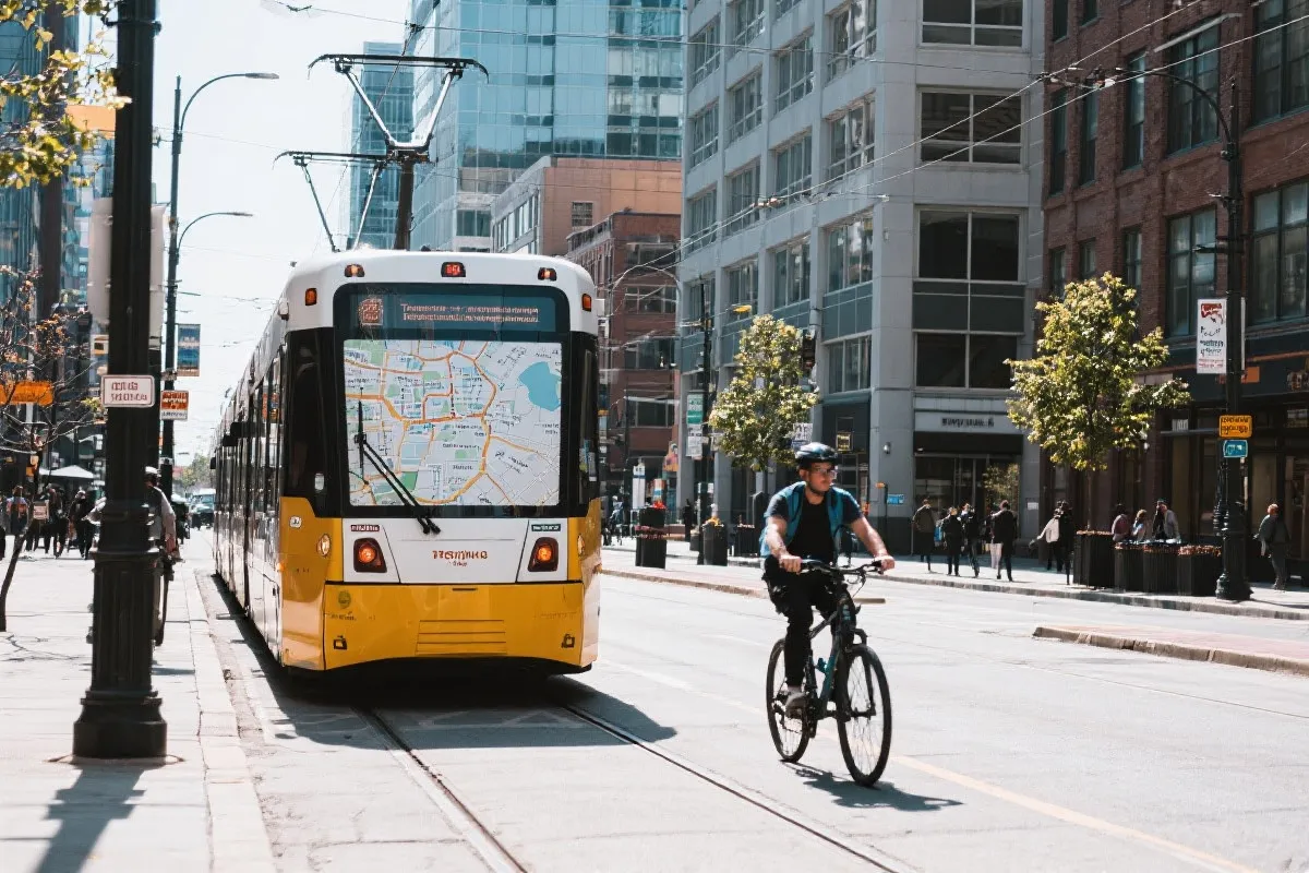 多伦多街头公共交通与步行路线的城市出行氛围图