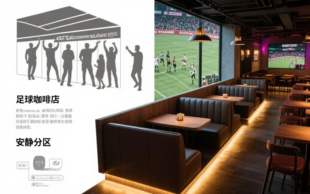 看球咖啡馆座位分区设计：狂欢区、安静区与社交缓冲带的动线与隔断示意