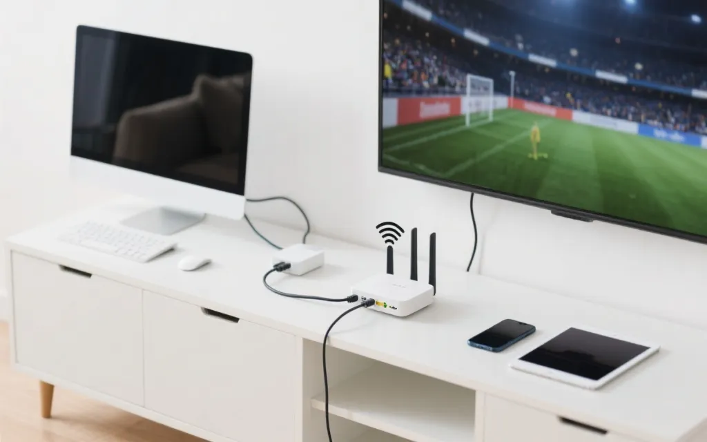 路由器与电视有线连接、电脑作为导播台的观赛布置示意