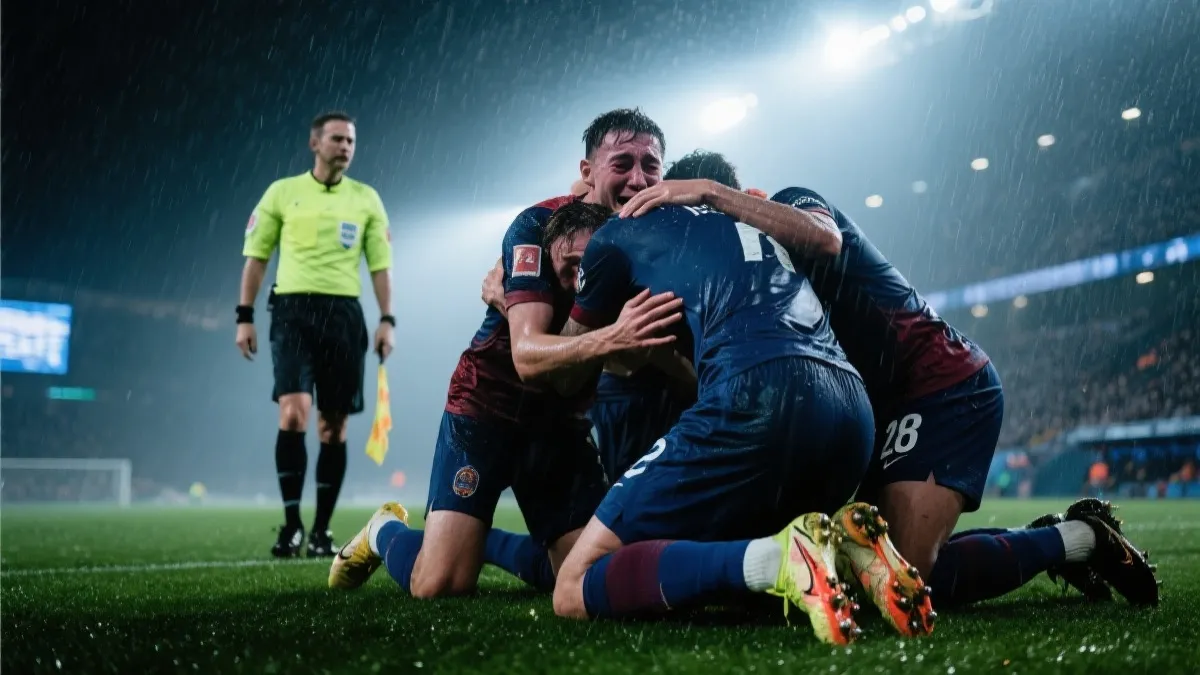 球员在终场哨响后跪地庆祝或落泪的瞬间，聚光灯与雨雾氛围